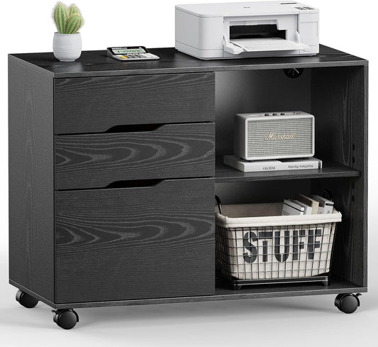 DUMOS File Cabinet with 3 Drawers, Wood Under Desk Storage Printer Stand | Rolling Lateral Filing Cabinet with Adjustable Shelves for Home Office Study Organization,Black - Field & Nook