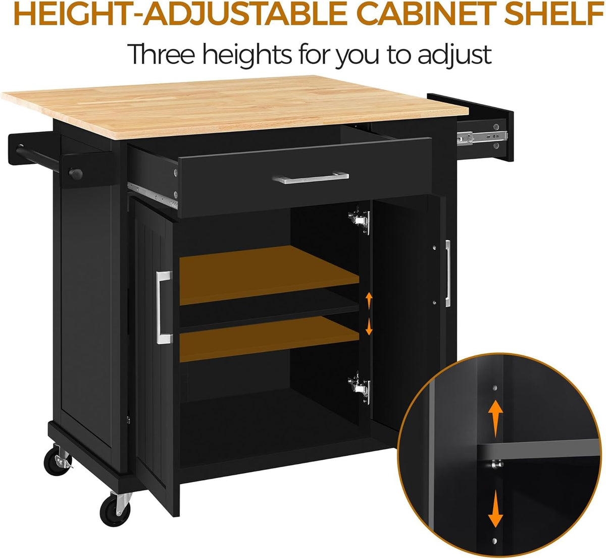 Rolling Kitchen Island Cart – Drop Leaf, Drawers, Cabinet & Towel Bar, Black