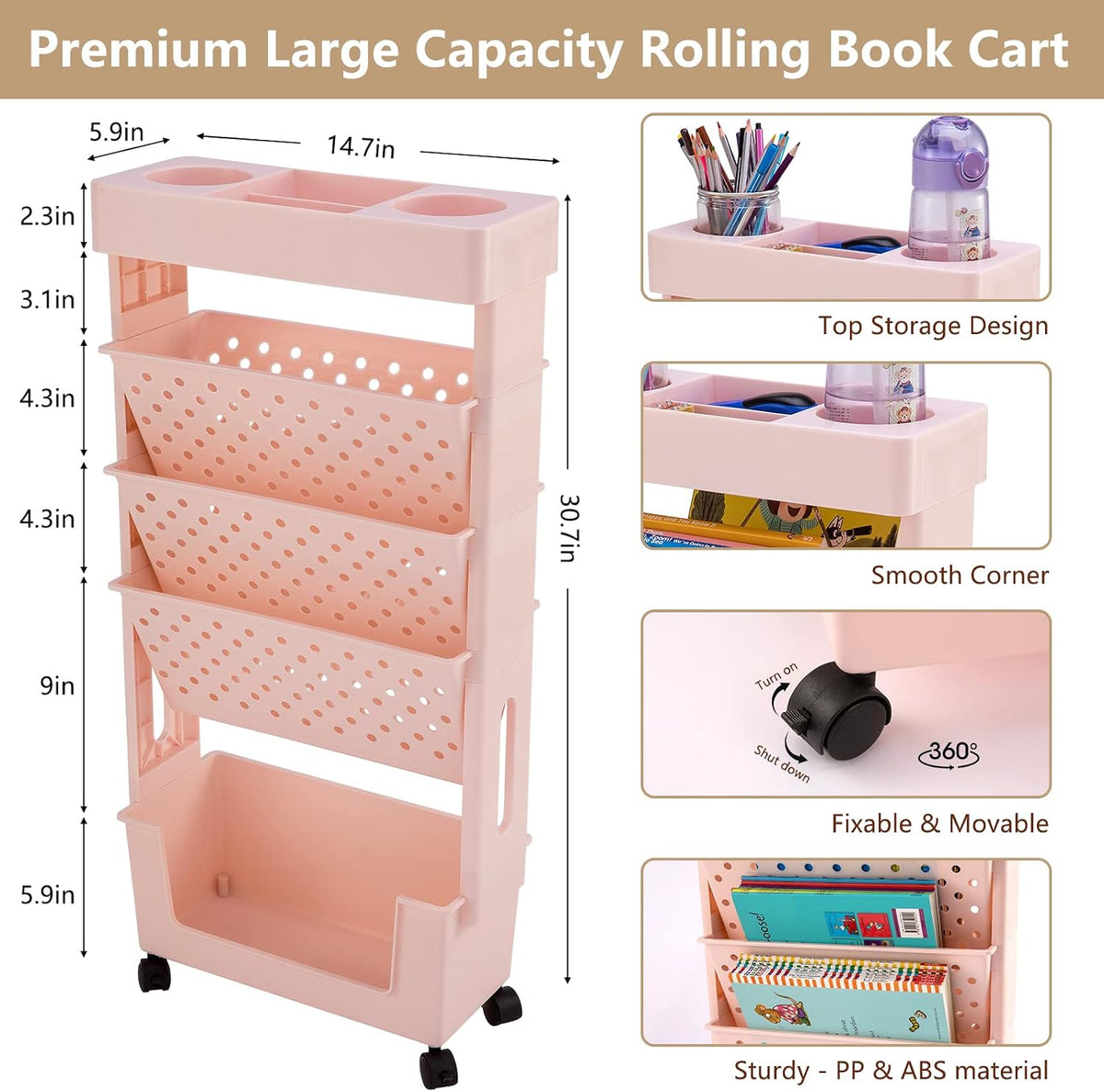 Pink Rolling Office Paper Organizer, Mobile Book Cart Document Folder File Storage with Pen Holder, Slim Rolling Storage Cart Movable Bookshelf for Office, Dorm, Classroom, Nursery - Field & Nook
