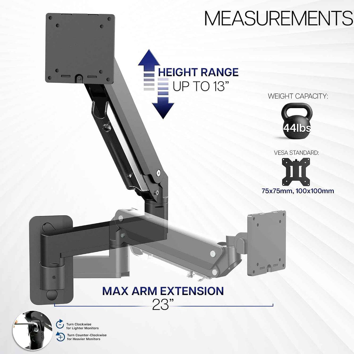 VIVO Premium Aluminum Heavy Duty Monitor Arm for Ultrawide Screens up to 49 inches and 44 lbs, Single Wall Mount, Pneumatic Height, Max VESA 100x100, Black, MOUNT-V101G1