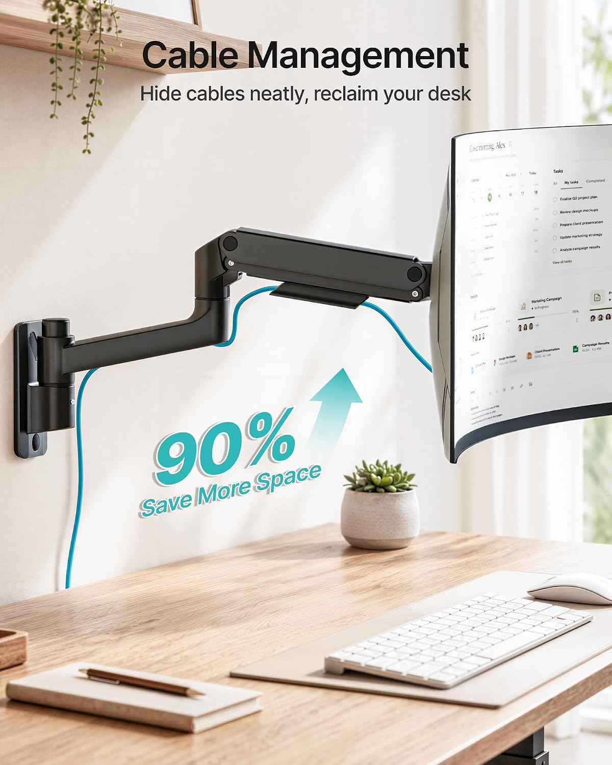 Single Wall Mount Monitor Arm for 17-49" Ultrawide Screens | Heavy Duty Wall Mount Stand Holds up to 44 LBS