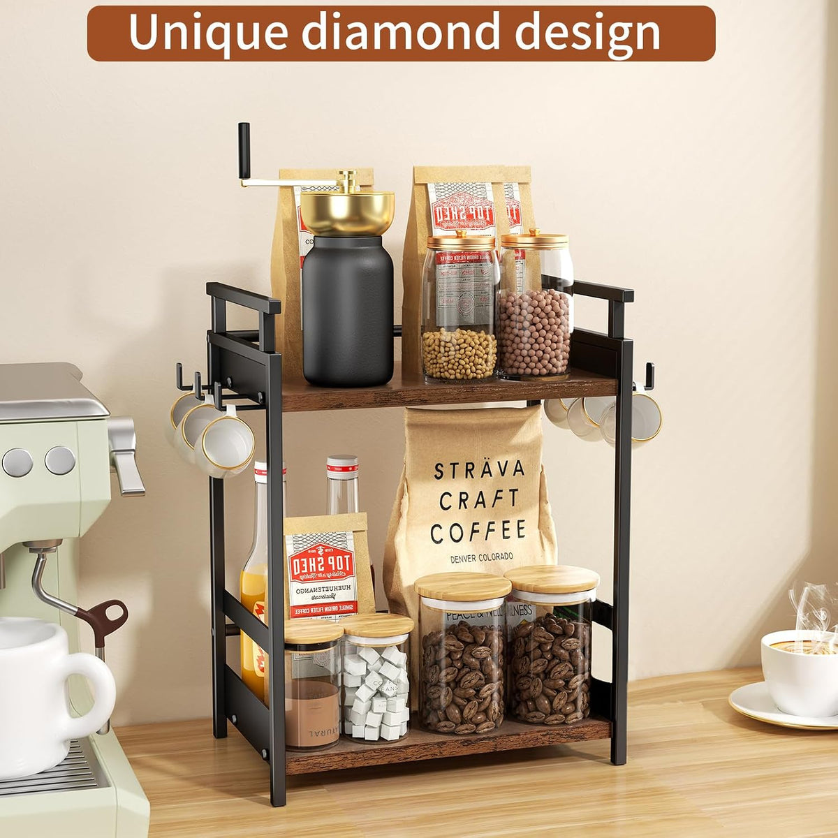 KLM 2 Tier Coffee Bar Organizer for Home Office, Spice Rack for Countertop, Kitchen Counter Storage Shelf with Hanging Basket, Coffee and Tea Condiment Station Organizer - Field & Nook
