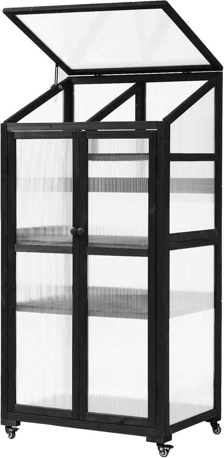 UMISOL 62" H Wooden Greenhouse, Balcony Portable Cold Frame with Wheels and Adjustable Shelves, Large Greenhouse for Outdoor Indoor Use, Black
