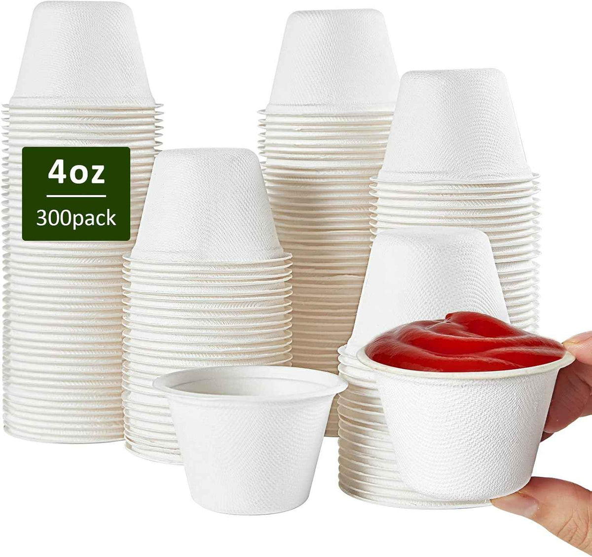 Vplus 300 Pack 4 OZ Disposable Souffle Cups, 100% Compostable Portion Cups, Made From Bagasse Fibe, Perfect For Dips, Food Sample, Jams, Honey, Sauces, Nuts