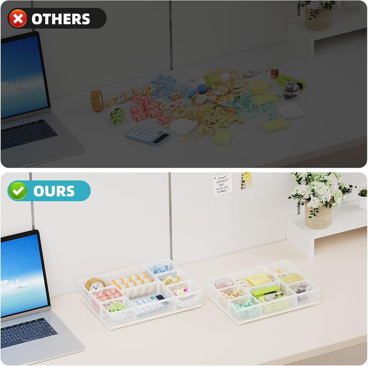 Marbrasse 2 Pack Desk Drawer Organizer, Mesh Drawer Organizer Tray with 8 Adjustable Compartments, Desk Organizers and Accessories, 5 Dividers for Office Supplies, Makeup & Vanity (White) - Field & Nook