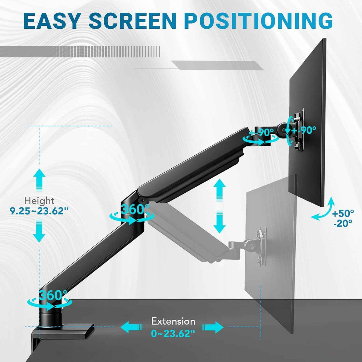 Heavy Ergonomic Single Monitor Arm Desk Mount for up to 57"Screens | for 13 27 32 34 39 40 42 49 57Inch ultrawide monitor, Holds 55 lbs, 2-Step Fast Setup, 75/100mmVesa, Black, Home & Office Use