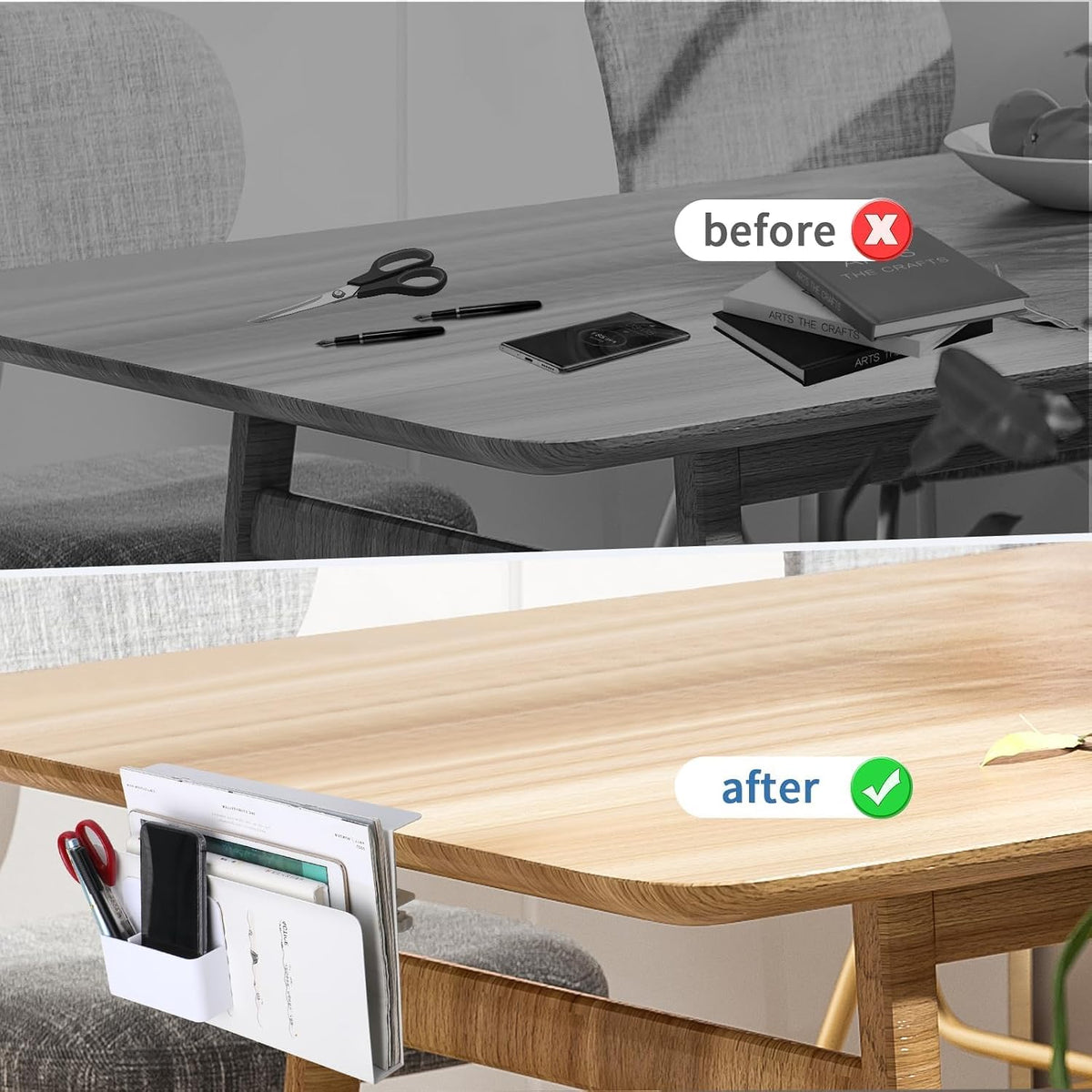 Desk Side Storage, Under Desk Hanging Storage | Standing Desk Organizer with Magnetic Pen Slot, No Drill Clamp to 0.5-2.38" Desks, 22 Lbs Carbon Steel (White) - Field & Nook