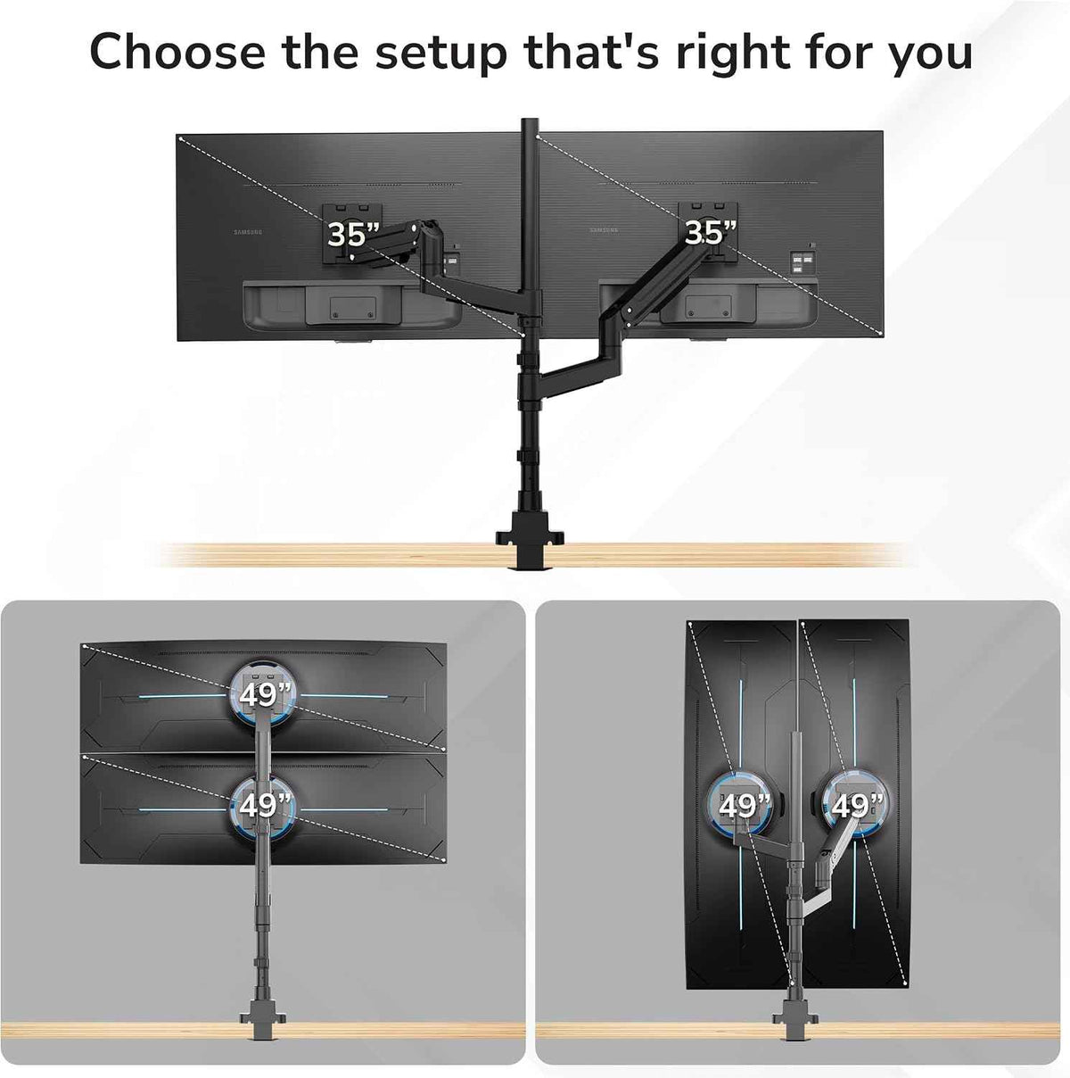 Mount-It! Dual Ultrawide Monitor Desk Mount for 17–49” Screens, Height-Adjustable Stacking Arms with Pole, Heavy Duty Gas Spring, Full Motion, VESA 75/100, Clamp or Grommet
