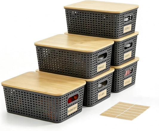 Small Plastic Storage Bins with Bamboo Lids 5.2qt Stackable Box Basket Pantry Decorative Containers Cute with Lable for Organizing Desktop Closet Office Gray of 6 packs 10 * 7.2 * 4.1" - Field & Nook