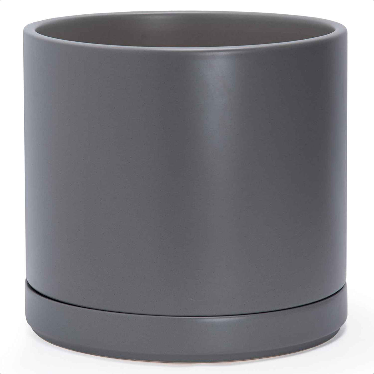 D'vine Dev 14 Inch Ceramic Planter Pot with Drainage Hole and Saucer, Indoor Cylinder Round Planter Pot, Speckled Grey, 94-O-G-3