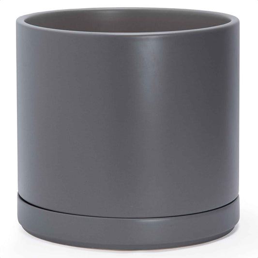 D'vine Dev 14 Inch Ceramic Planter Pot with Drainage Hole and Saucer, Indoor Cylinder Round Planter Pot, Speckled Grey, 94-O-G-3