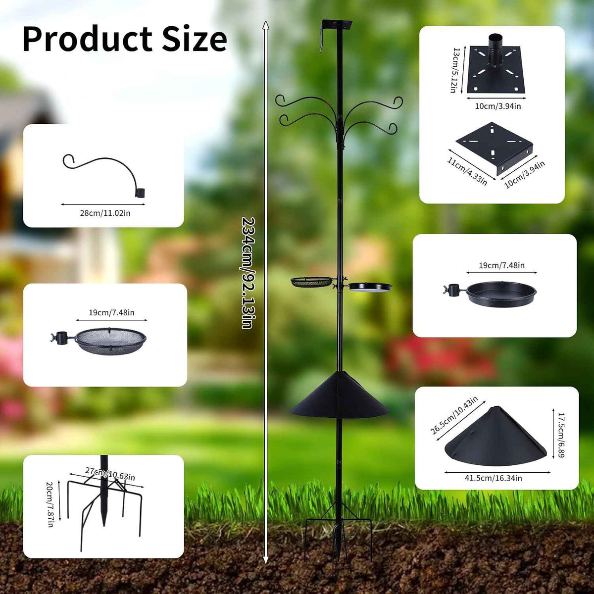 4 in 1 92 Inch Bird Feeder Pole with Squirrel Baffle | With Bath, Food Tray, 4 Hooks and Holds Cage, Metal, For Outdoors, Heavy Duty, Weatherproof