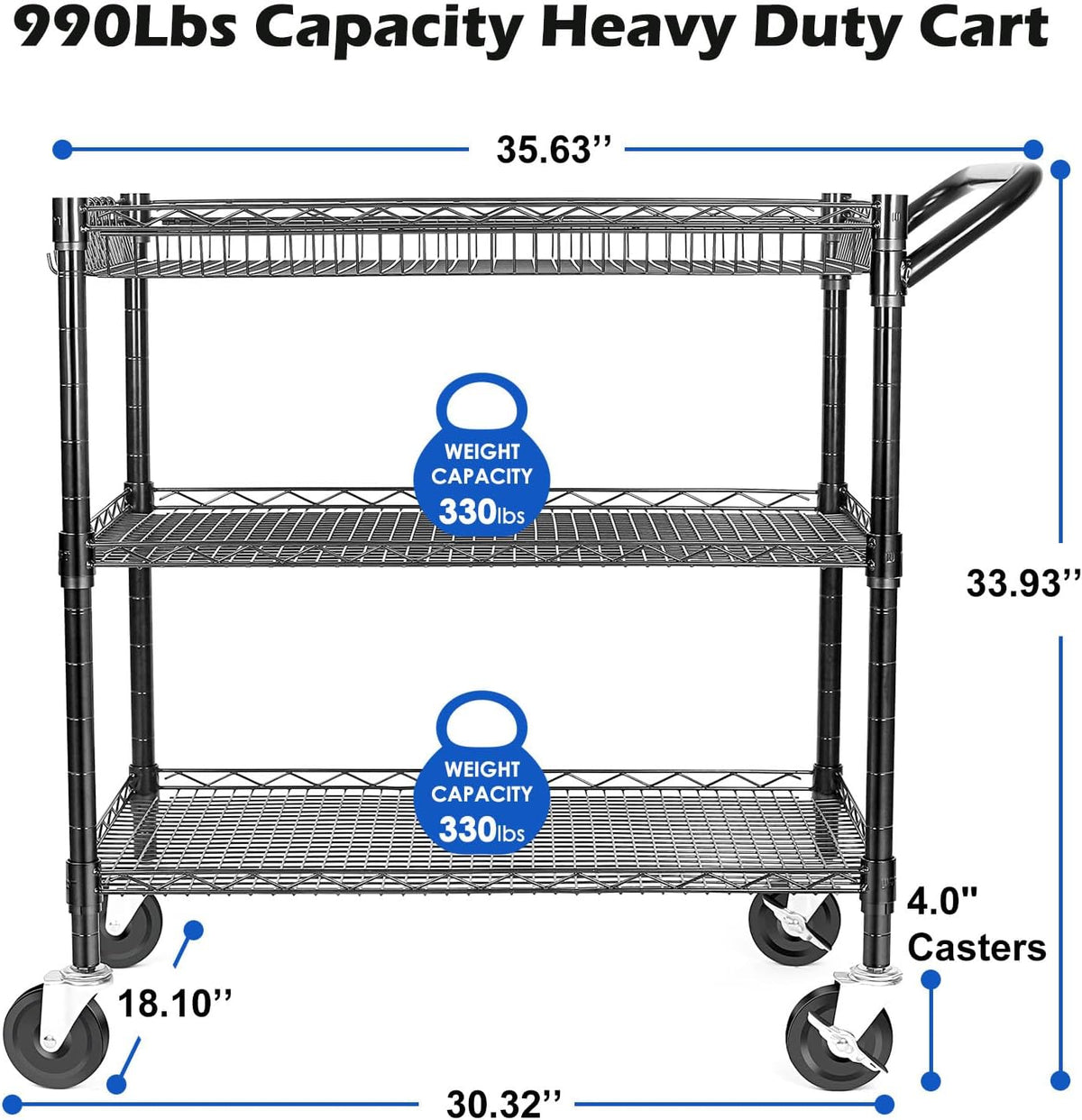 990Lbs Capacity Heavy Duty Rolling Utility Cart, NSF Rolling Carts with Wheels,Commercial Grade Metal Cart with Handle Bar & Shelf Liner,Trolley Serving Cart for Restaurant,Kitchen,Black - Field & Nook