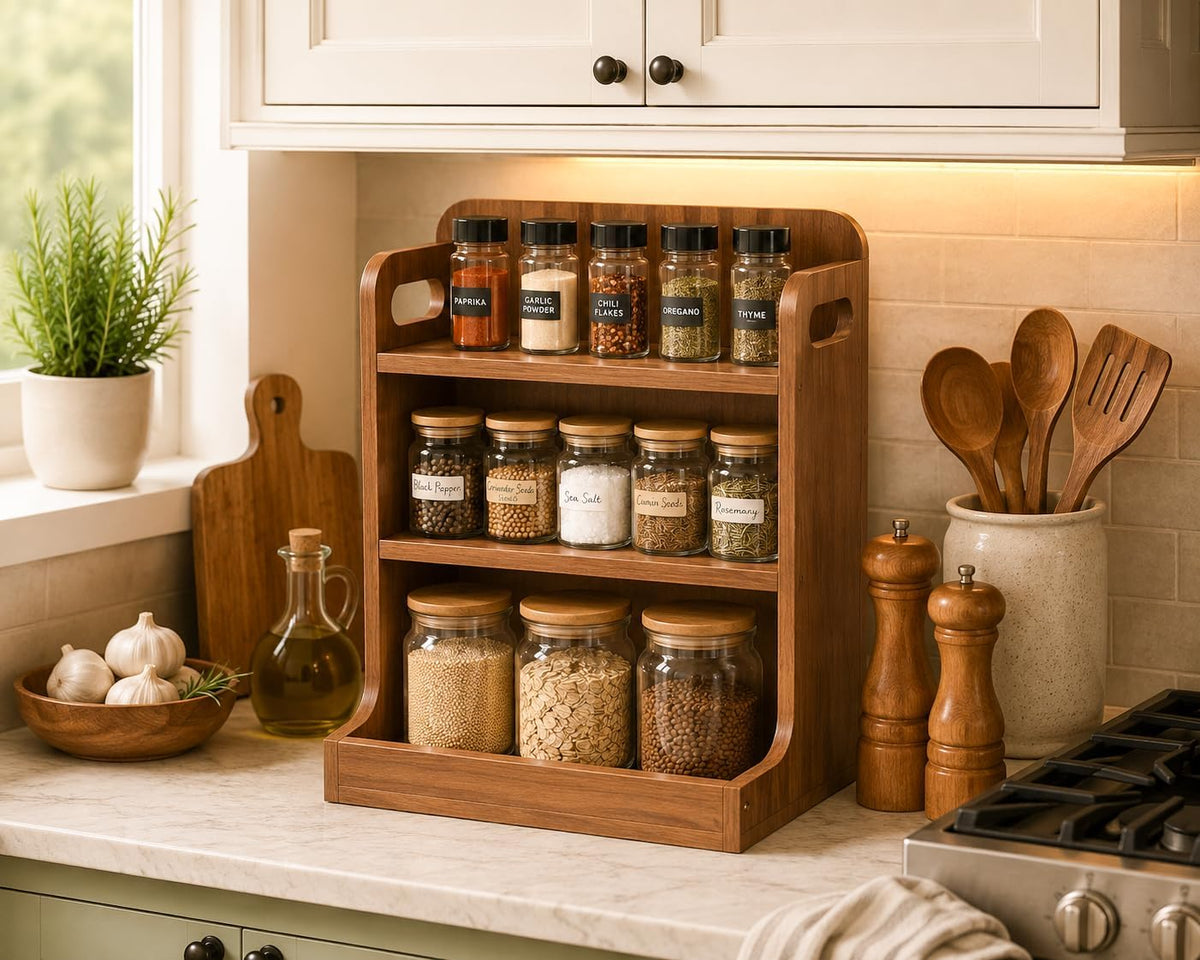 Solid Wood 3-Tier Spice Rack Countertop Organizer Kitchen Storage Shelf - Field & Nook