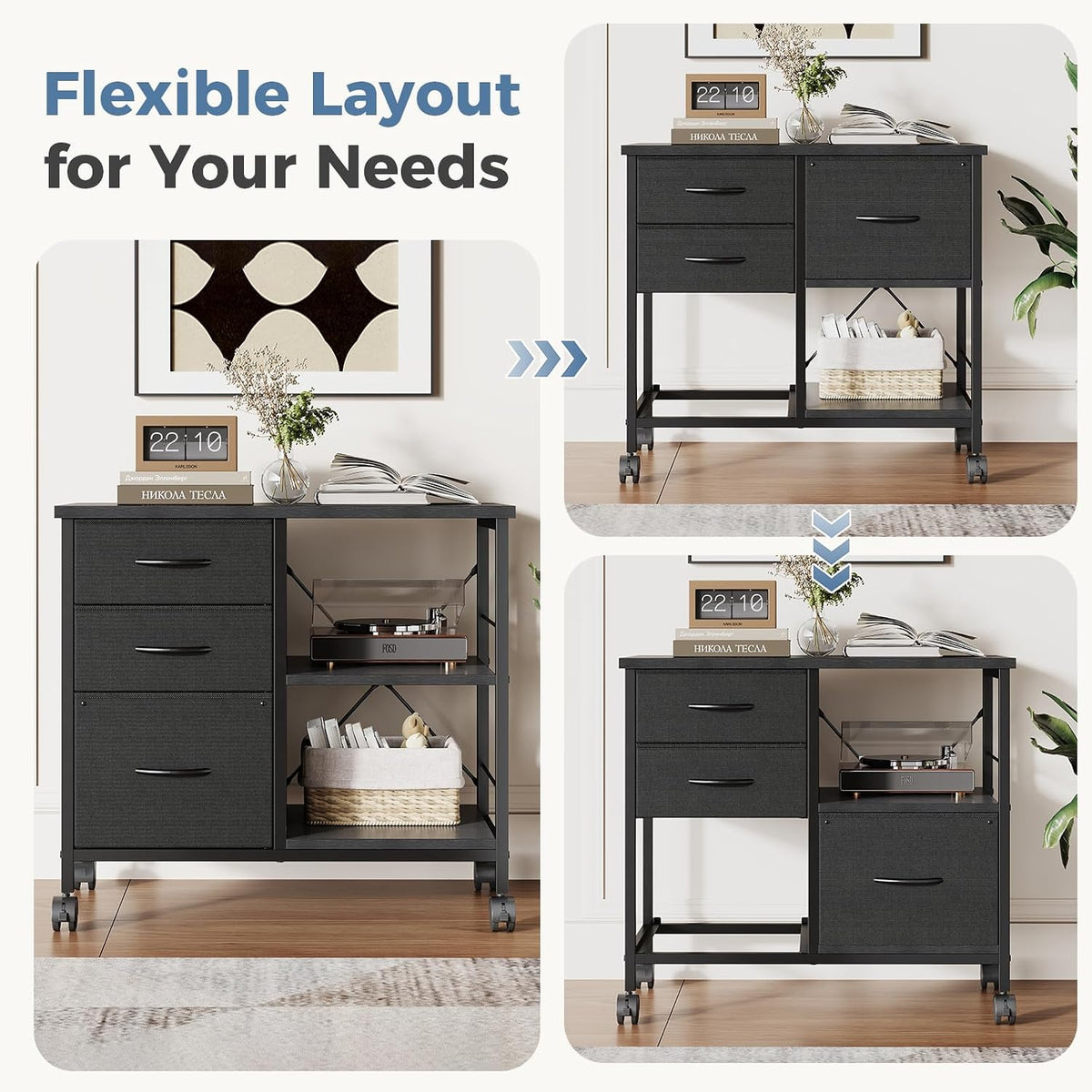 DUMOS 3-Tier Mobile File Cabinet, Rolling Printer Stand with Storage | Fabric Lateral Filing Cabinet fits A4/Letter Size, Under Desk Drawer Cabinet, Printer Cart for Home Office, Black - Field & Nook