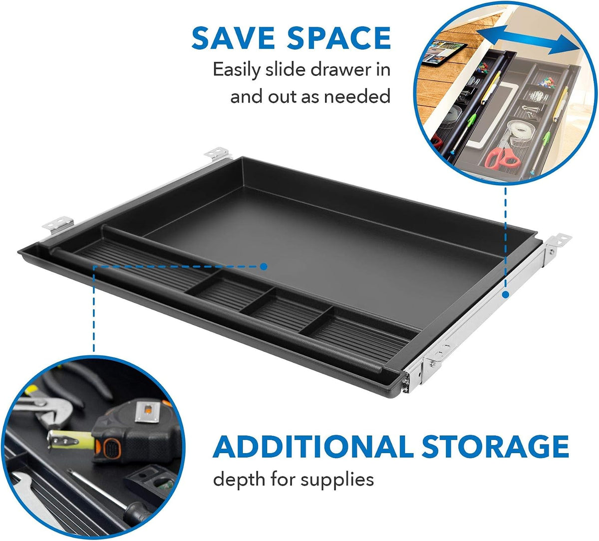 MOUNT-IT! Large Under Desk Pencil Drawer 16 inch Deep | 21.25” W, Ball Bearing Slide-Out Organizer for Office Supplies, Paper & Pencils | Fits Desks Over 1” Thick, Adjustable Extension 16.25”–28” - Field & Nook