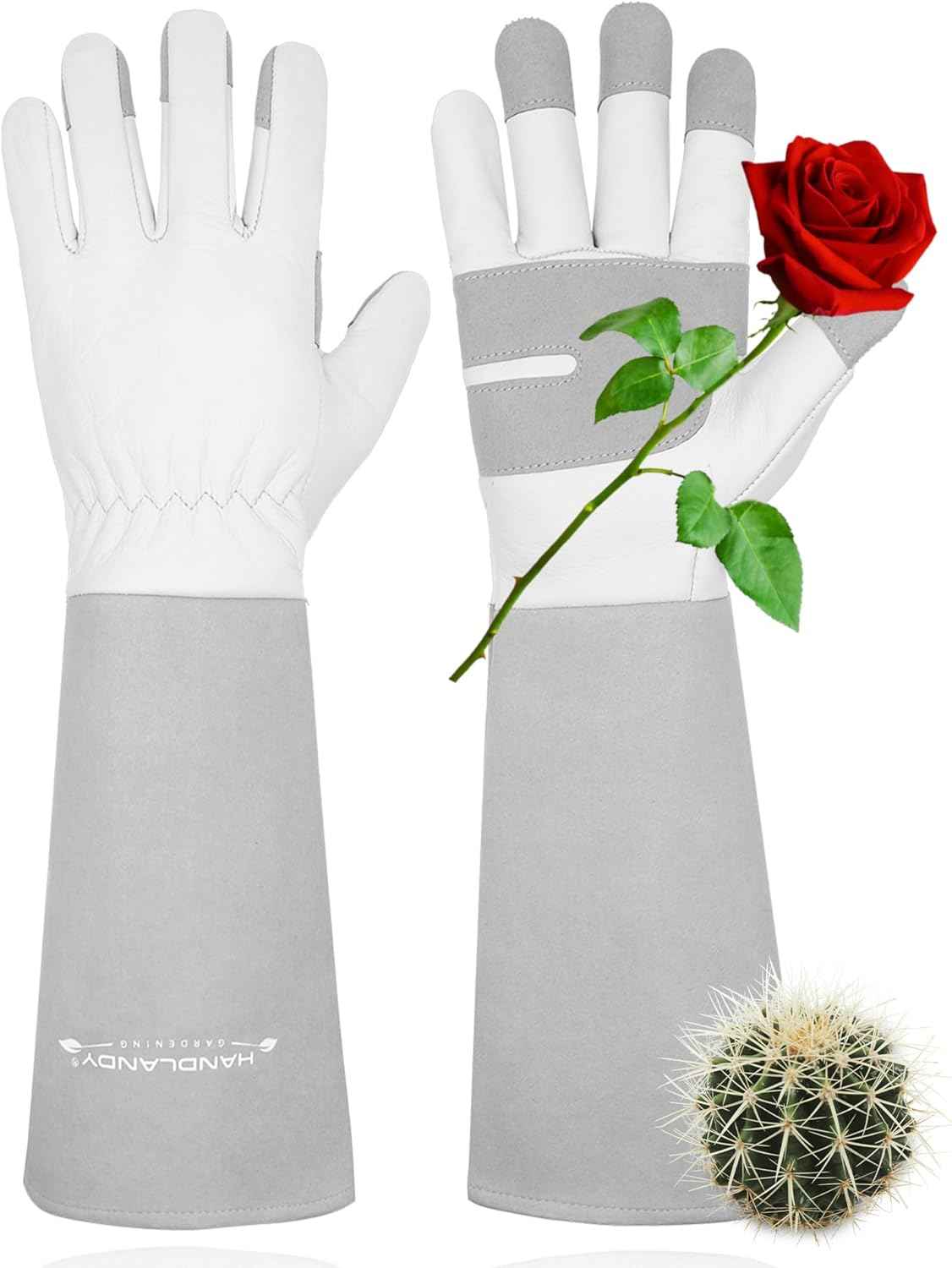HANDLANDY Long Gardening Gloves for Men & Women, Thorn Proof Rose Pruning Gloves Leather Gauntlets Garden Glove Yard Work Glove (Small, Grey)