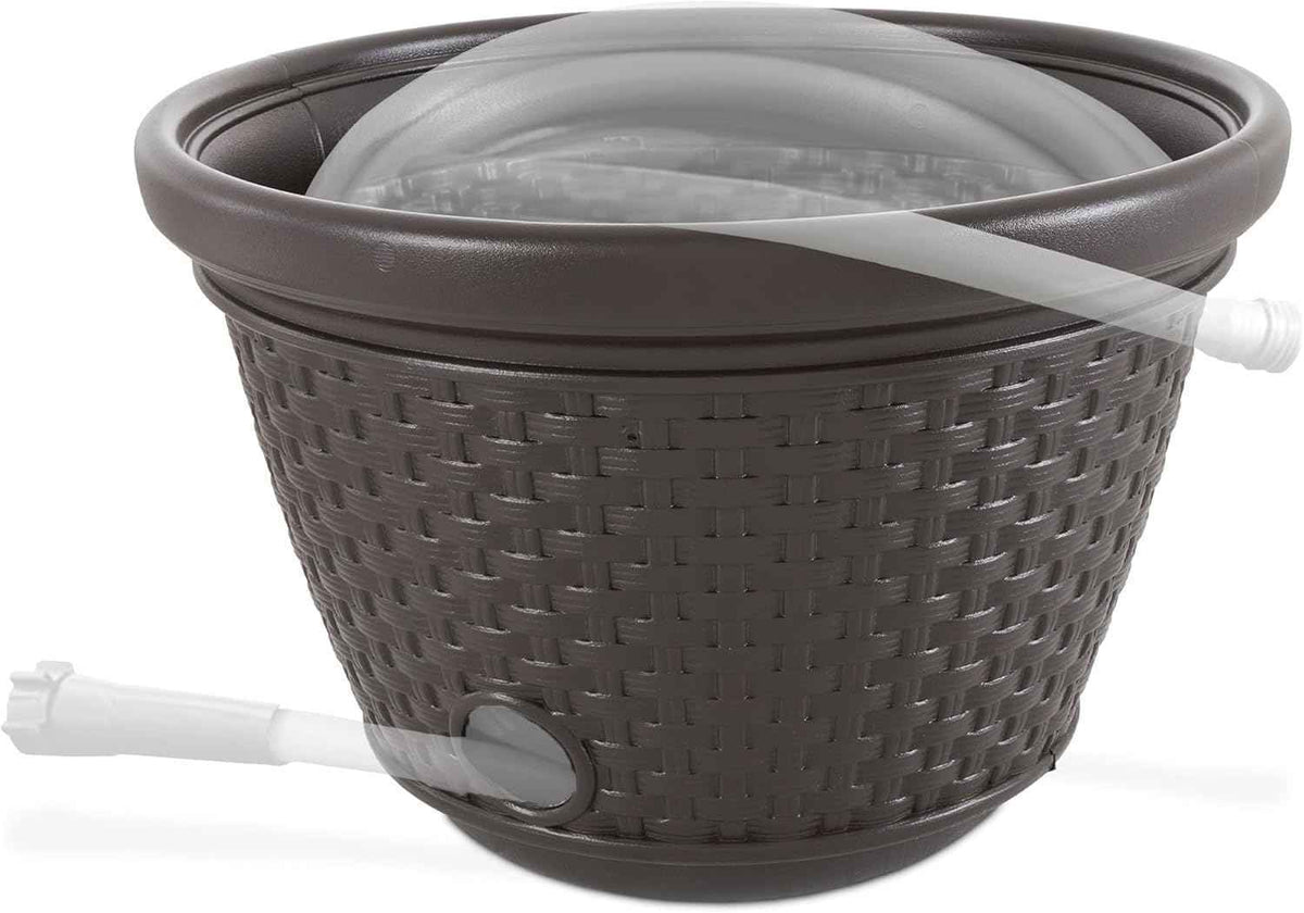 Suncast Decorative Wicker Garden Hose Holder Pot with 4 Drain Holes for 100 Foot Hoses, Java