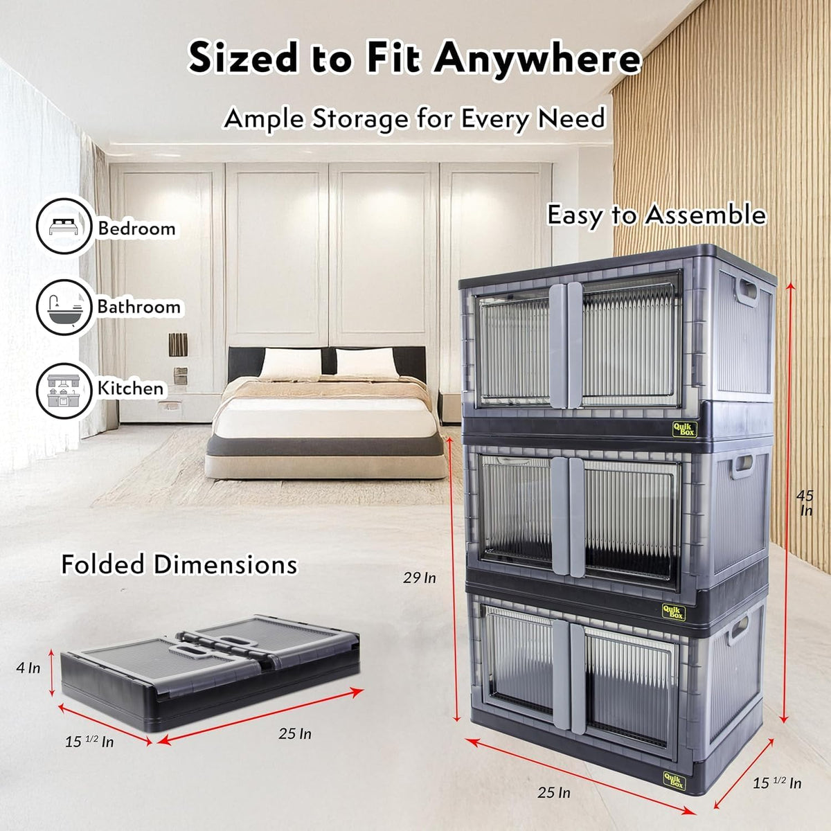 FELICON 19 Gallon 3 Pack Folding Stackable Storage Bins with Lids-Black | Doors,Wheels,Collapsible Organizer Foldable Container,Wardrobe Closet for Bedroom Living Room Neat,Dorm,Organized Homes - Field & Nook