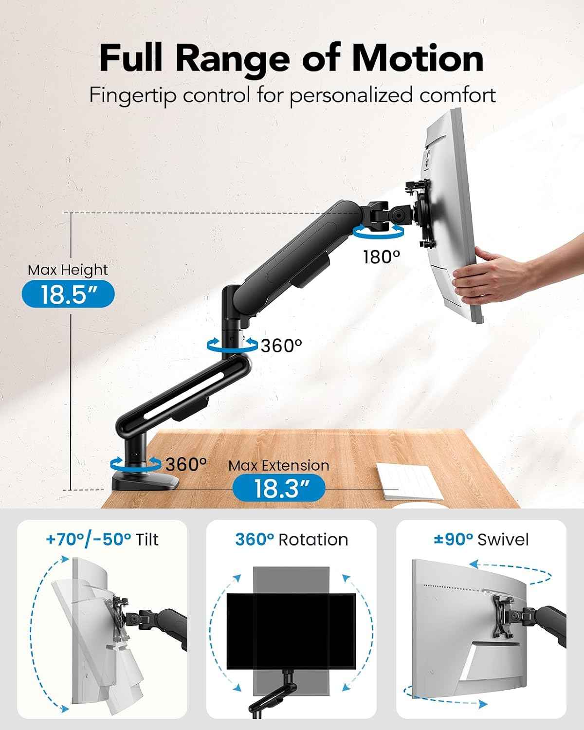 HUANUO Ultrawide Monitor Arm for 13 – 40" Screens, Single Monitor Mount Holds up to 26.4lbs, Adjustable Monitor Stand with C-Clamp & Grommet Base, VESA Mount 75x75mm/100x100mm
