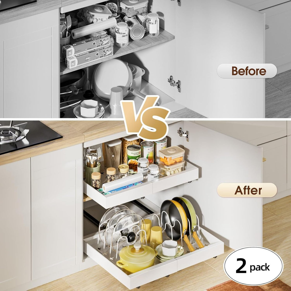 Delamu 2 Pack Pull Out Cabinet Organizer, 16" Deep, White