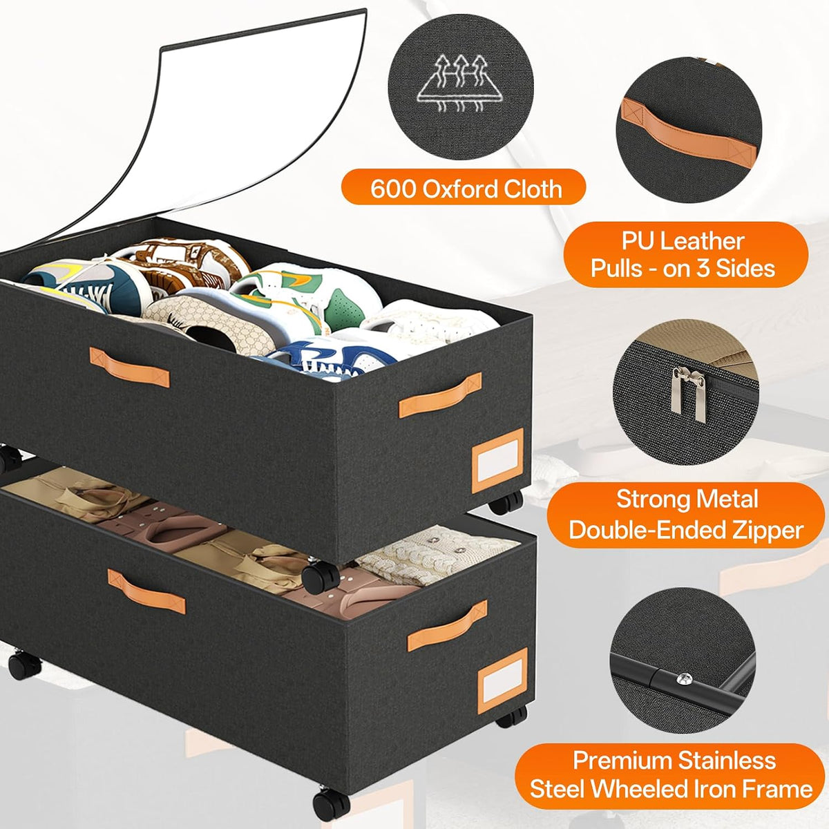 Under Bed Storage with Wheels, 12" Height Under Bed Storage Extra Deep Under Bed Storage Containers, Perfect for 14'' Bed Frame, No Assemble Metal Rolling Underbed Storage for Clothes Shoes Blankets - Field & Nook