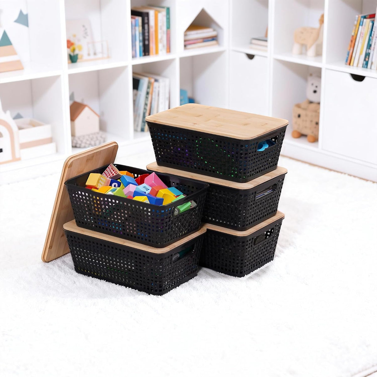 Storage Bins with Lids 6 Packs, Plastic Storage Bins with Bamboo Lids for Pantry Organization and Storage Containers for Shelves Drawers Desktop Closet Office Home, Black - Field & Nook