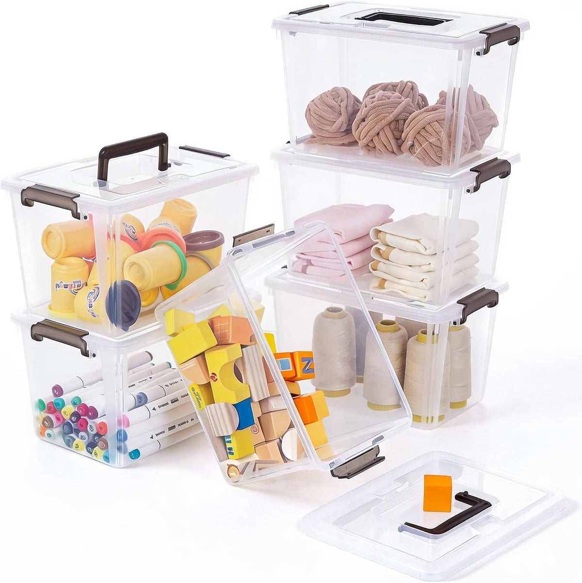Citylife 6 Packs 6 QT Plastic Storage Bins with Latching Lids Clear Storage Box with handle Stackable Storage Containers for Organizing Snacks, Crafts, Toys, Tools - Field & Nook