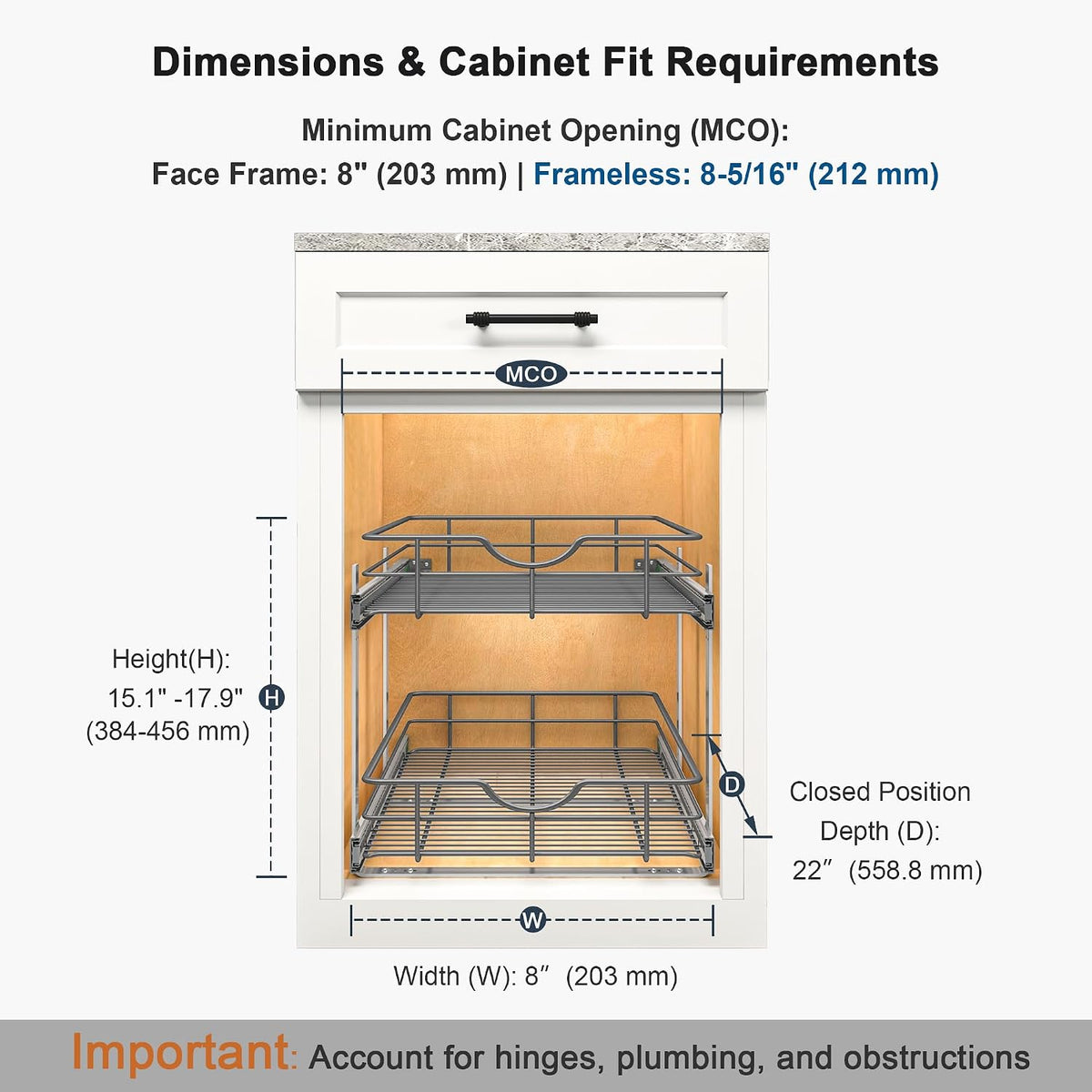 2 Tier Pull Out Cabinet Organizer - 8" W x 22" D Soft Close Slide Out Shelves with Shelf Liners - Pullout Drawers for Kitchen Cabinets, Pantry, Bathroom, Heavy Duty Steel Wire Baskets - Field & Nook