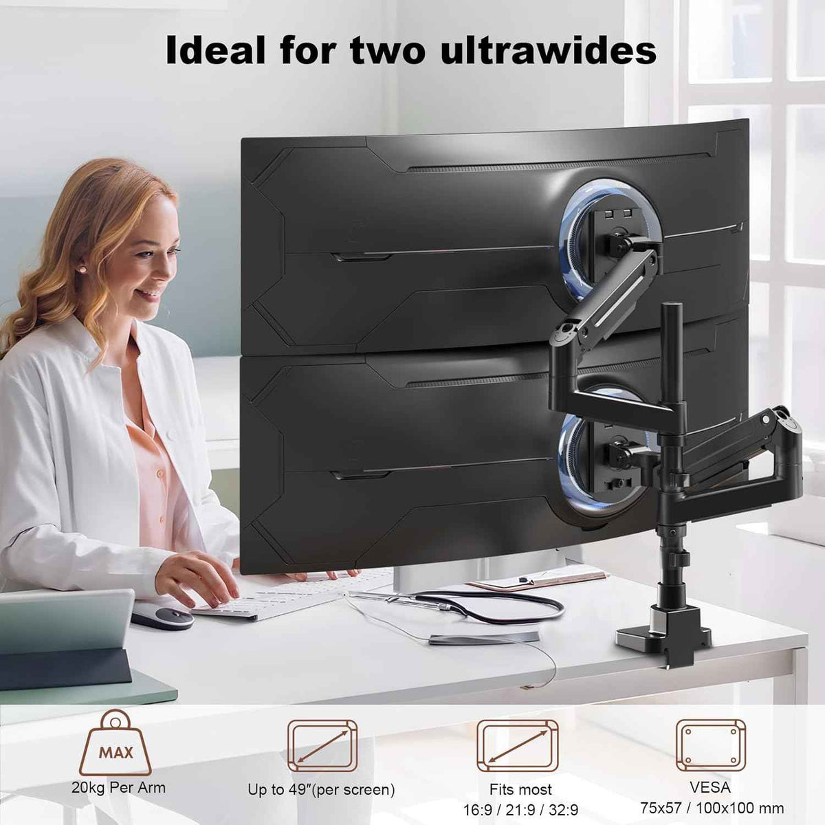 Dual Monitor-Arm Heavy-Duty for 17-49-inch Screens - Premium Vertical Stacked Dual Monitor Arm Desk Mount for Ultrawide Screens up to 44lbs, Fully Adjustability, VESA 75/100 mm, Black