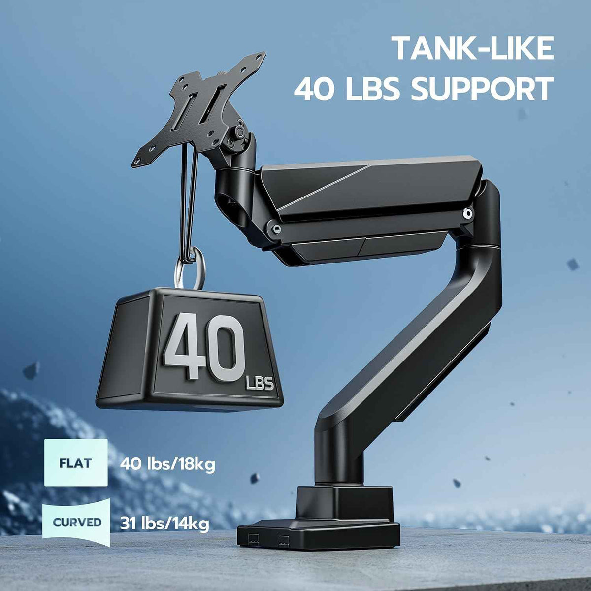 Heavy Duty Single Monitor Mount for 13"-49" Curved Screens, Black | ﻿ Gas Spring Desk Mount Stand with C Clamp/Grommet Mounting Base up to 40lbs