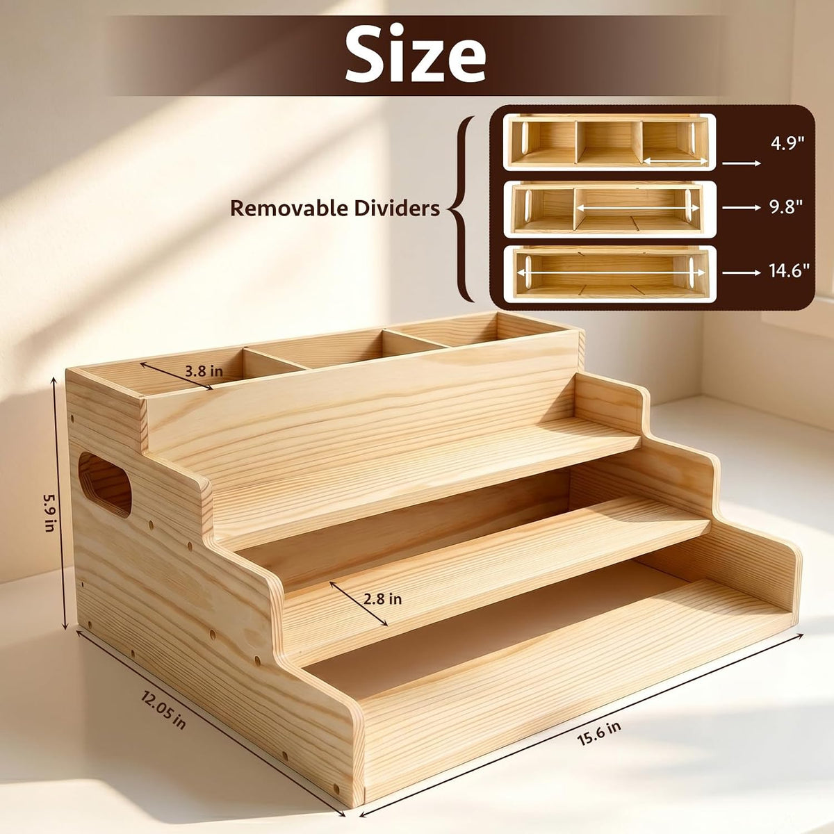 3 Tiered Wooden Spice Rack with Extra Utensil Holder and Adjustable Dividers, Spice Shelf for Spice Jars, Seasonings and Cooking Tools, Farmhouse Countertop Spice Organizer for Kitchen - Field & Nook