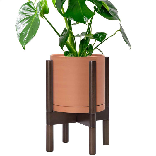 D'vine Dev Terracotta Planter with Walnut Color Stand - 8 Inch Modern Round Flower Pot with Wood Planter Holder, Terracotta, 55-B-Y-5