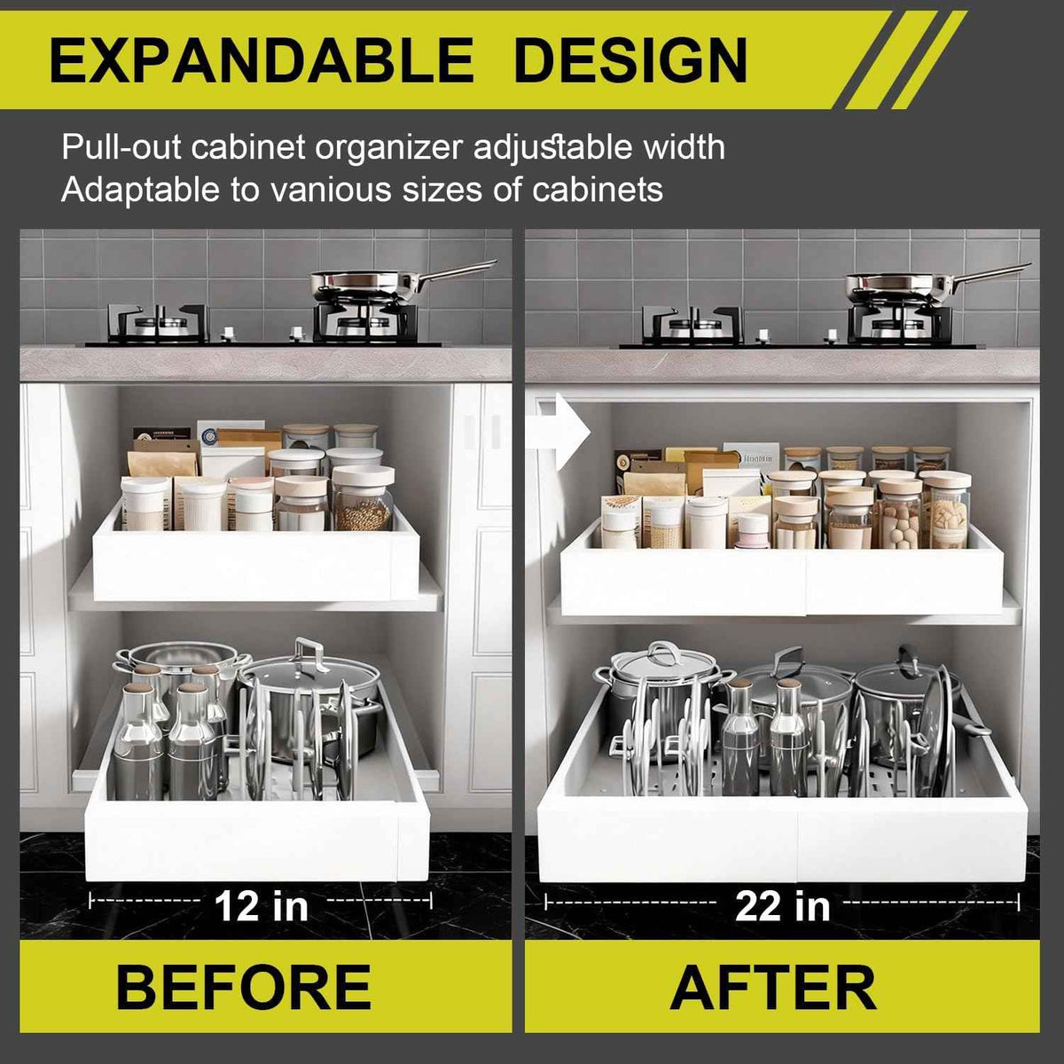 2-Pack Pull Out Cabinet Organizer, 21" Deep, 12"-22" Wide