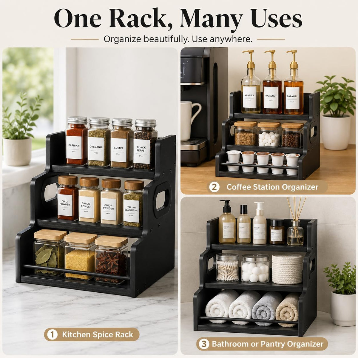 3-Tier Spice Rack Organizer for Cabinet – Wood Spice Shelf Storage – Black - Field & Nook