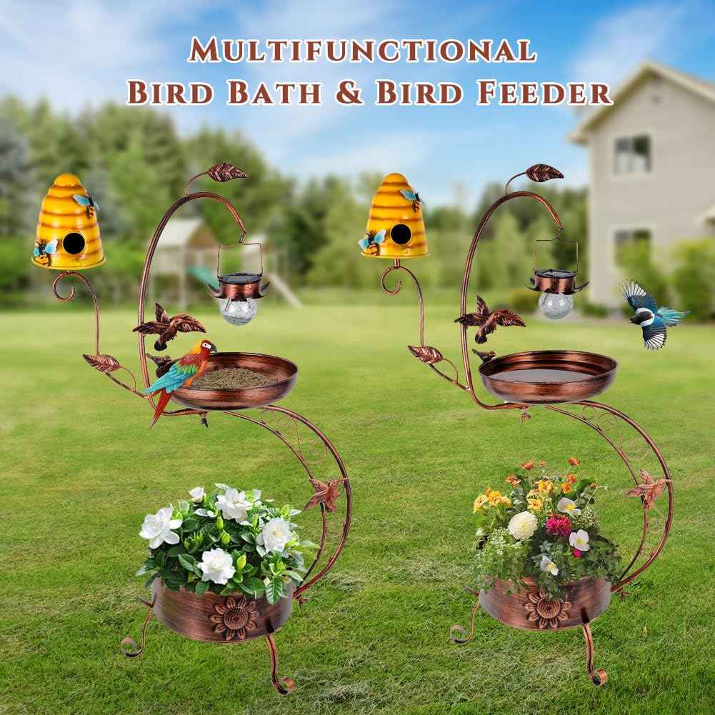 DREAMSOUL Solar Bird Bath with Bird House, 3 in 1 Bird Bath for Outside with Flower Planter, Metal Birdbath with Solar Light for Garden Yard Decor
