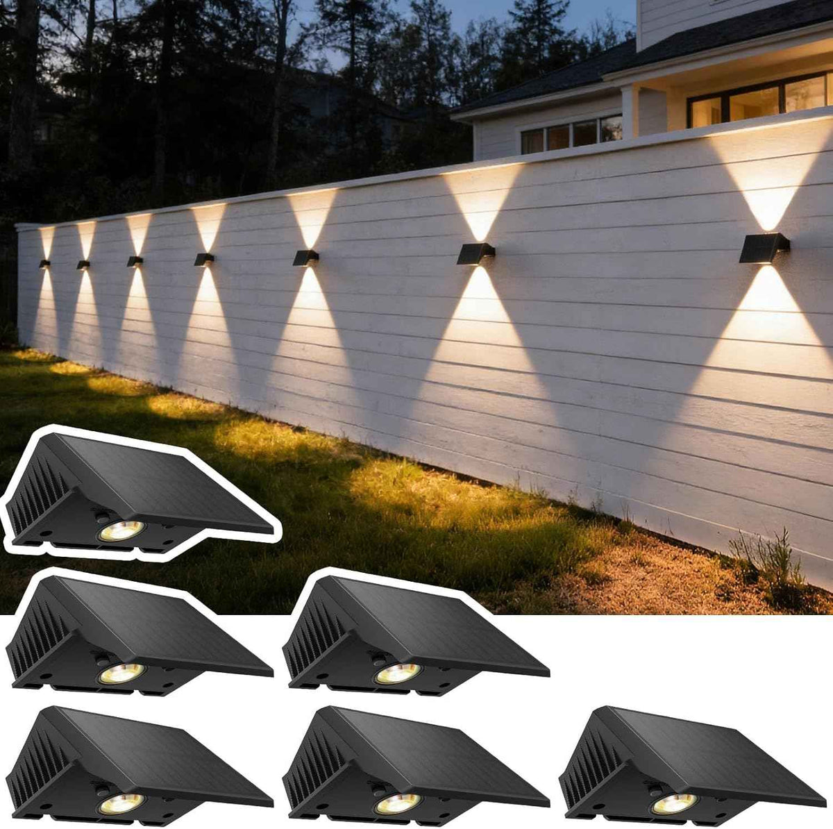 Solar Fence Lights Outdoor, 6 Pack Up and Down Wall Lights, Warm White | IP67 waterproof design; dusk-to-dawn outdoor wall decor for fences, patios, decks, gardens, yards, railings and pathways