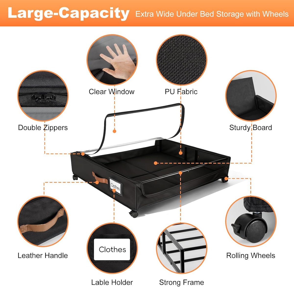 80L Large Under Bed Storage with Wheels, 2-Pack XXL Underbed Shoe Storage | Fit Most Bed, Removable & Locakable Wheels, Sturdy Metal Frame, Clear Lid, Easy Install, for Off-Season Clothes/Blankets - Field & Nook