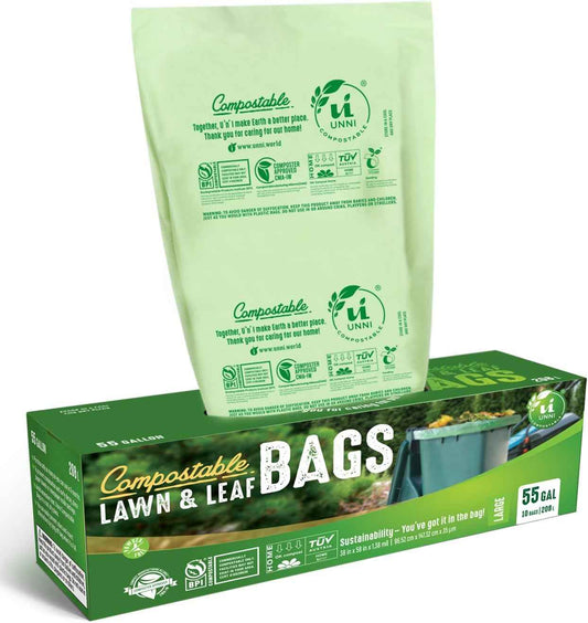 UNNI Compostable Trash Bags, 44-55 Gallon / 208 Liter, 10 Count, Extra Thick 1.38 mil Large Bin Liners for Commercial & Yard Waste, BPI, CMA & OK compost HOME Certified (Meets ASTM D6400)