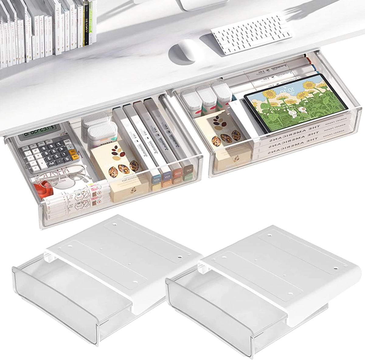 OSPNIEEK Self-adhesive Under Desk Drawer Organizer, 2 Pack Table Hidden Slide Out Large Storage Mounted Desktop Pencil Holder Tray Drawers for Office Home School Stationery Kitchen (Large, White) - Field & Nook