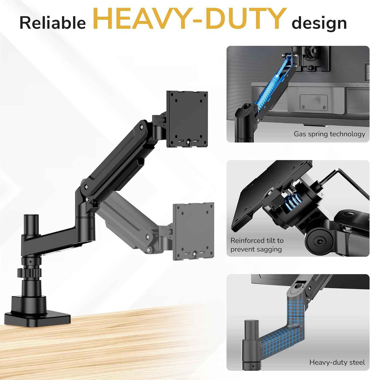Mount-It! Ultrawide Monitor Desk Mount with Pole, Fits 17–49” Screens, Heavy Duty Height-Adjustable Gas Spring Arm, 44 lbs Capacity, Full Motion, VESA 75/100, Clamp or Grommet