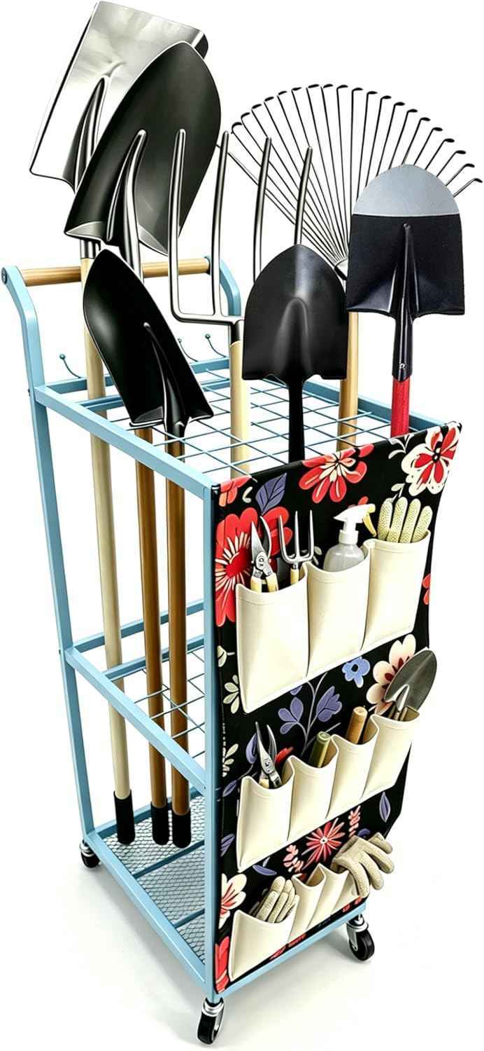 Garden Tool Organizer with Wheels Heavy Duty Yard Tool Organizer Rack with Side Storage Pockets Sturdy Metal Steel Holder with 6 Hooks for Garage, Yard, Patio, Shed