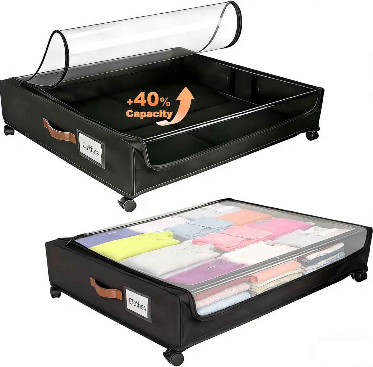 80L Large Under Bed Storage with Wheels, 2-Pack XXL Underbed Shoe Storage | Fit Most Bed, Removable & Locakable Wheels, Sturdy Metal Frame, Clear Lid, Easy Install, for Off-Season Clothes/Blankets - Field & Nook