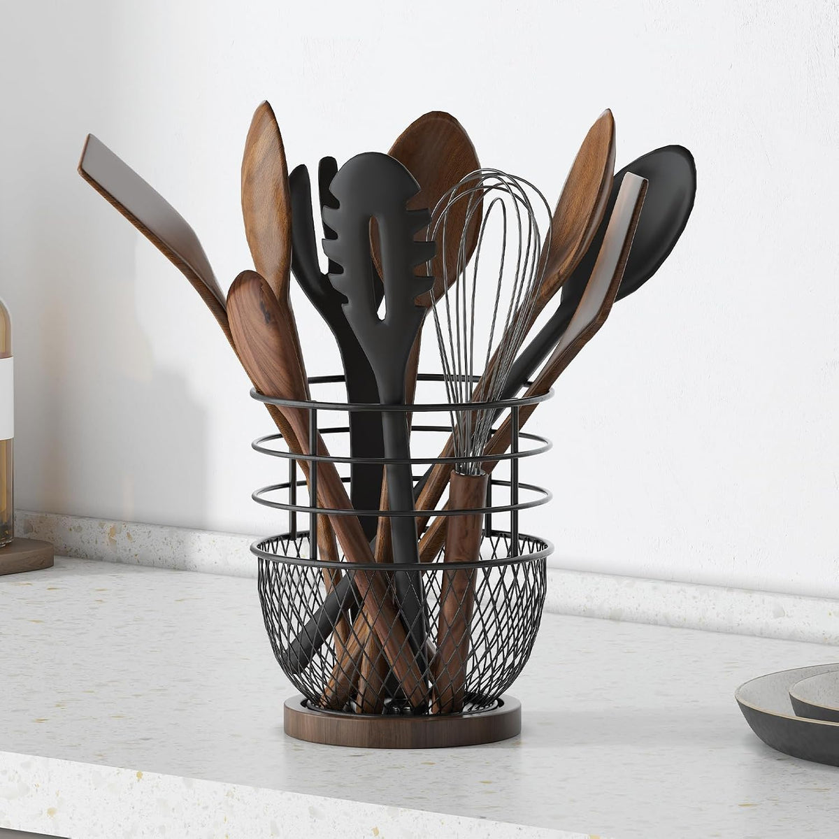 360° Rotating Utensil Holder, Iron with Wooden Base