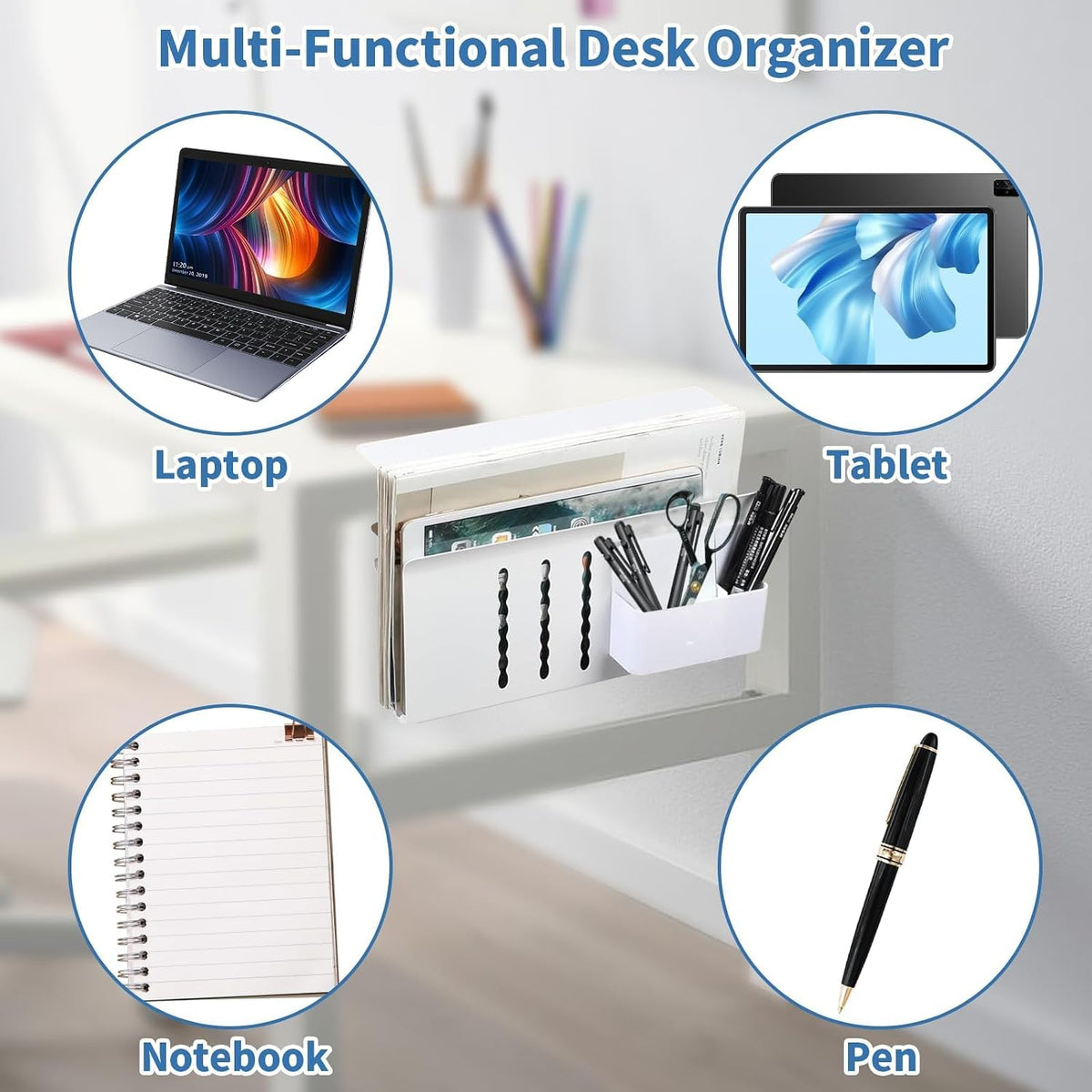 Desk Side Storage, Under Desk Hanging Storage | Standing Desk Organizer with Magnetic Pen Slot, No Drill Clamp to 0.5-2.38" Desks, 22 Lbs Carbon Steel (White) - Field & Nook