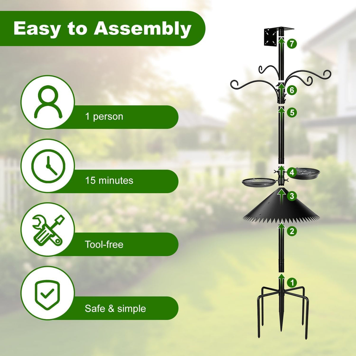 Bird Feeder Pole, 93 Inch Heavy Duty Birdhouse Pole with Spiked Baffle & 2 Tray, Adjustable Wild Bird Feeding Station Hanging Pole for Outdoors, Yard, Garden Decor (Without Birdhouse)