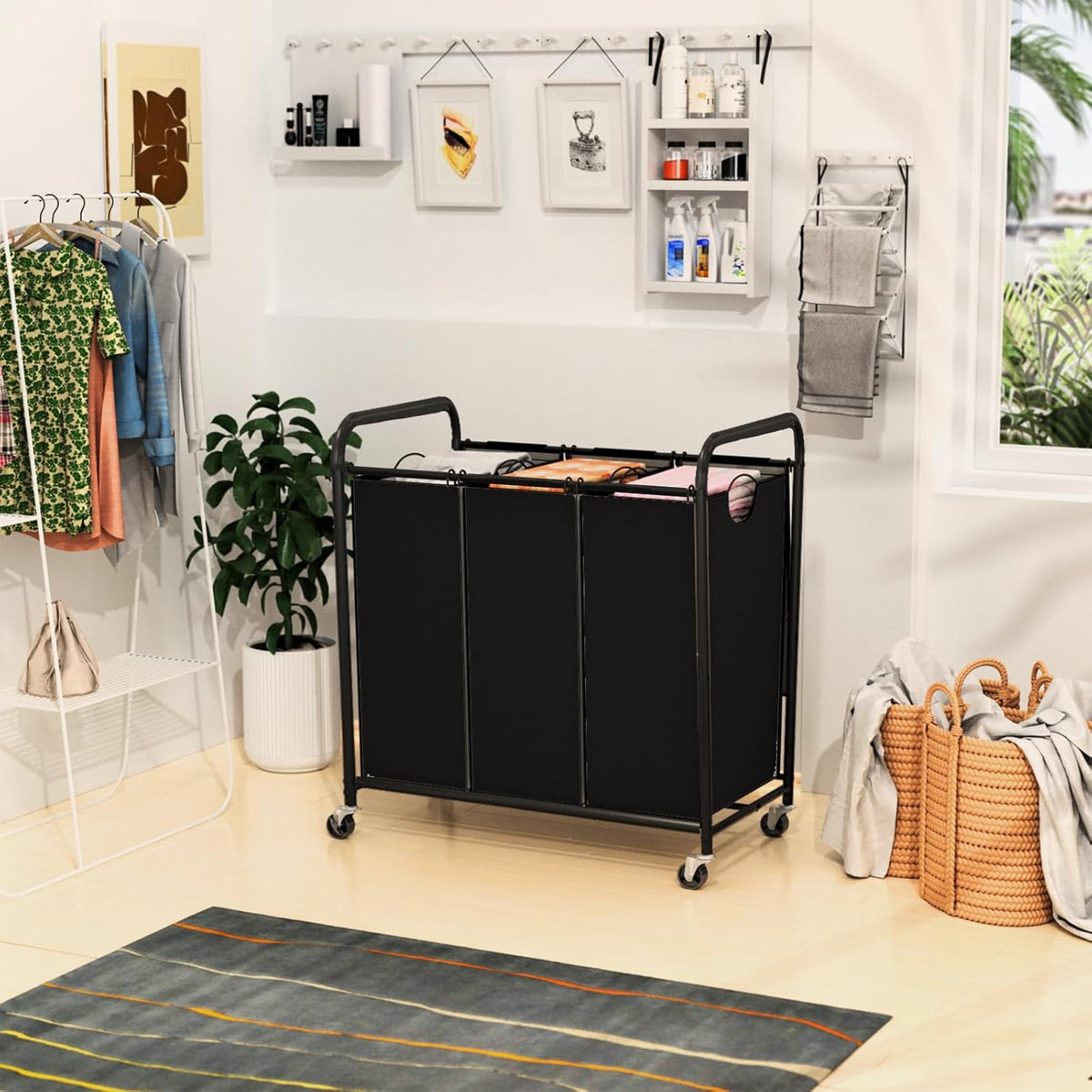 180L 3-Section Rolling Laundry Hamper with Lid - Field & Nook