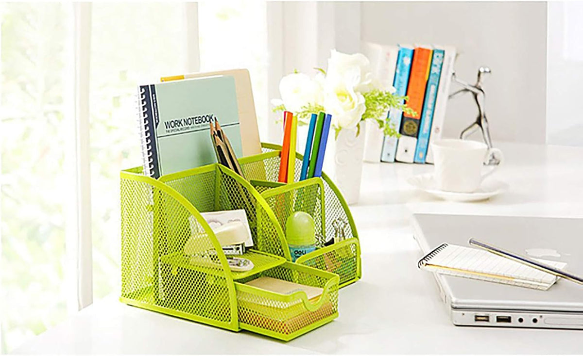 VANRA Office Supply Caddy Mesh Desk Organizer School Supply Holder 6 Compartments with Drawer (Green) - Field & Nook