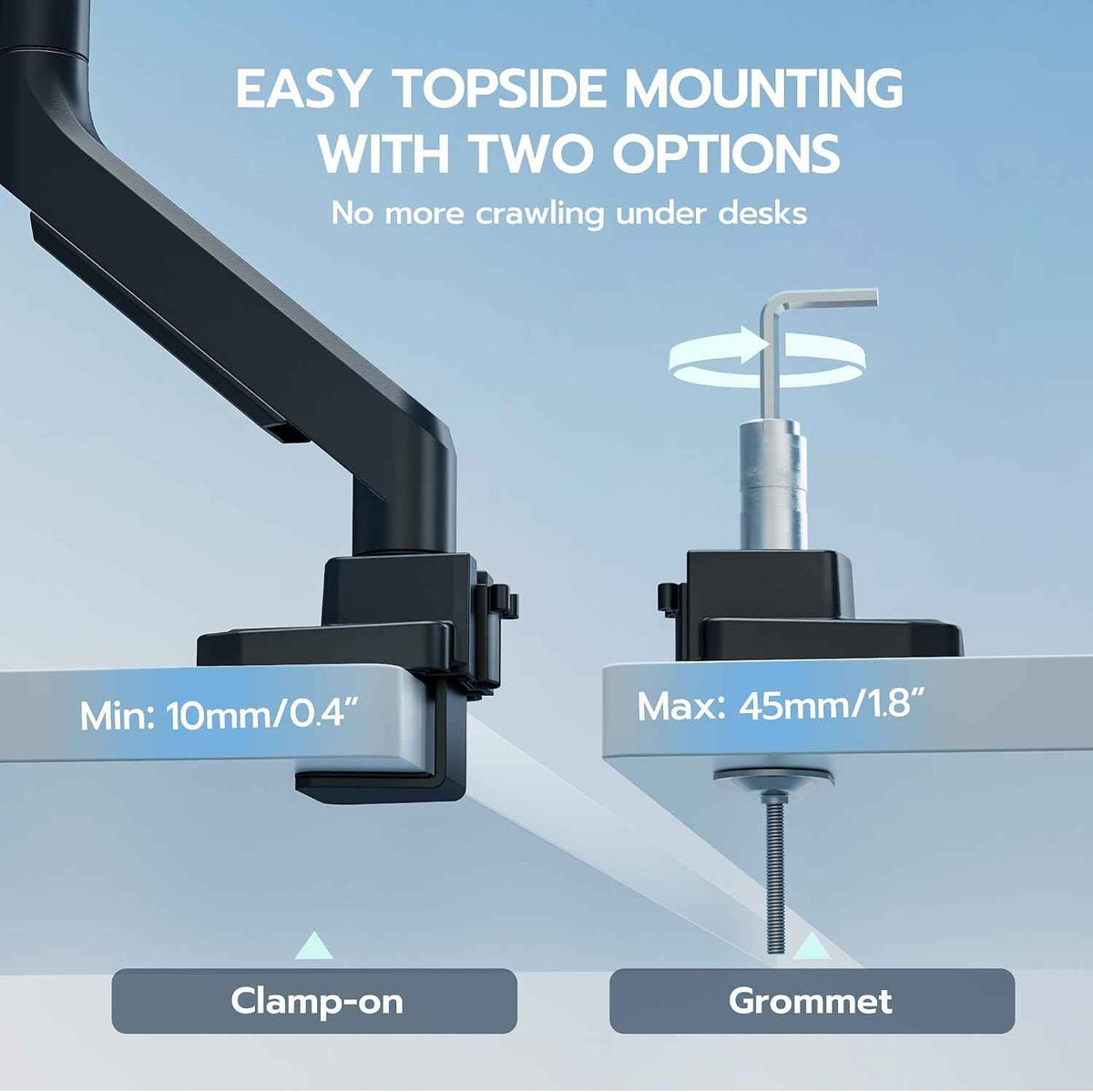 Heavy Duty Single Monitor Mount for 13"-49" Curved Screens, Black | ﻿ Gas Spring Desk Mount Stand with C Clamp/Grommet Mounting Base up to 40lbs