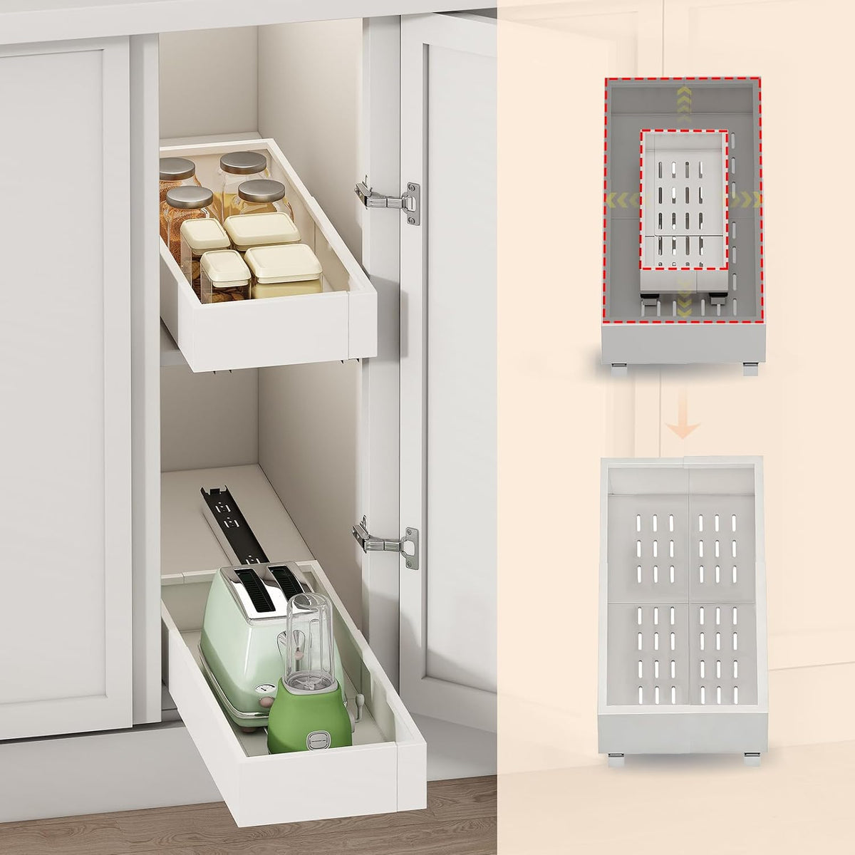 Fokyfok 2Pc Pull out Cabinet Organizer,7"-11"W,17"-24"D,Expandable | No Drill,Adjustable,Roll out Drawers,Adhesive Sliding Drawers,Slide out Shelves for Cabinets Without Lip,Kitchen,Pantry,White - Field & Nook